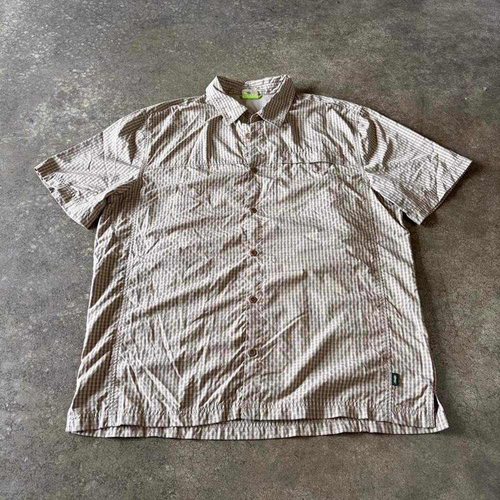 Koppen Mens Large Outdoor Hiking Button Down Shirt Cream Gingham Short Sleeve